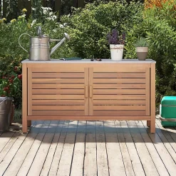 Armoire de Jardin Exterieur en Bois d'Acacia avec Plateau Faux Marbre, Coffre de Jardin Exterieur 109 X 40 X 60 CM