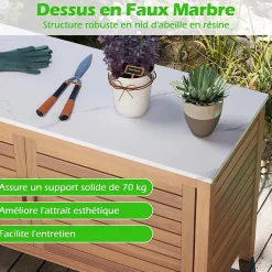 Armoire de Jardin Exterieur en Bois d'Acacia avec Plateau Faux Marbre, Coffre de Jardin Exterieur 109 X 40 X 60 CM