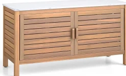 Armoire de Jardin Exterieur en Bois d'Acacia avec Plateau Faux Marbre, Coffre de Jardin Exterieur 109 X 40 X 60 CM
