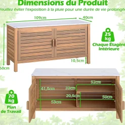 Armoire de Jardin Exterieur en Bois d'Acacia avec Plateau Faux Marbre, Coffre de Jardin Exterieur 109 X 40 X 60 CM