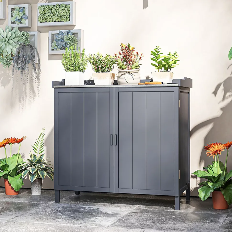Armoire de rangement de jardin sur pied table de rempotage 2 en 1 double porte avec étagère bois sapin gris