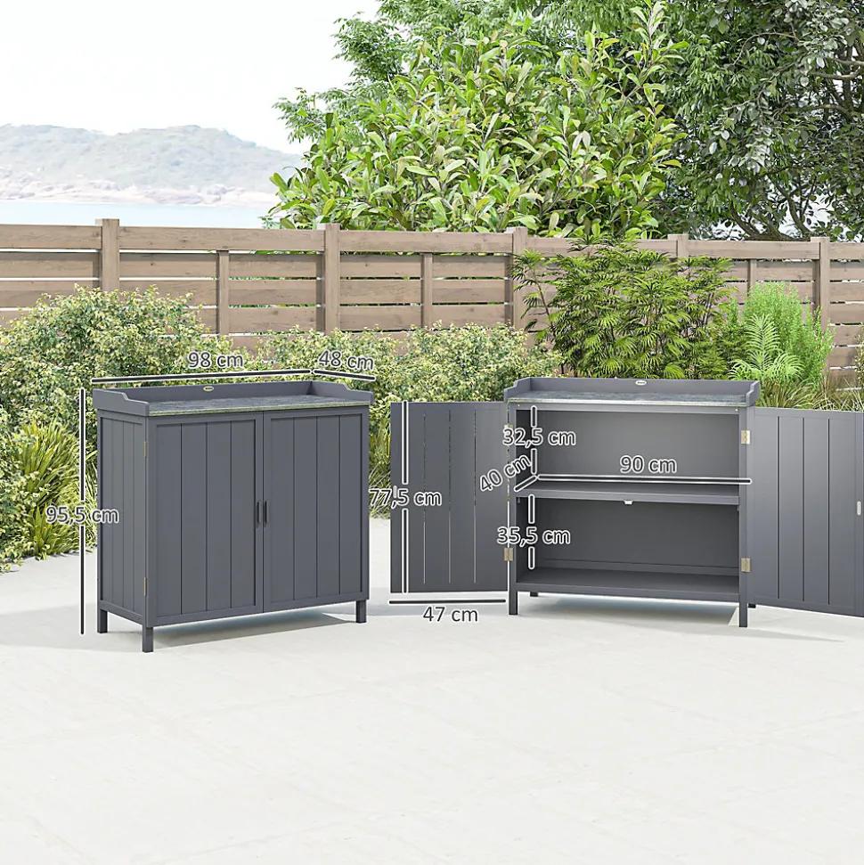 Armoire de rangement de jardin sur pied table de rempotage 2 en 1 double porte avec étagère bois sapin gris
