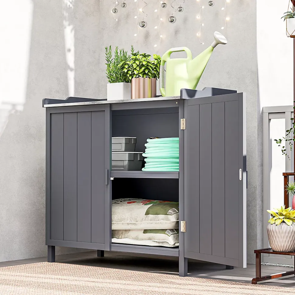 Armoire de rangement de jardin sur pied table de rempotage 2 en 1 double porte avec étagère bois sapin gris