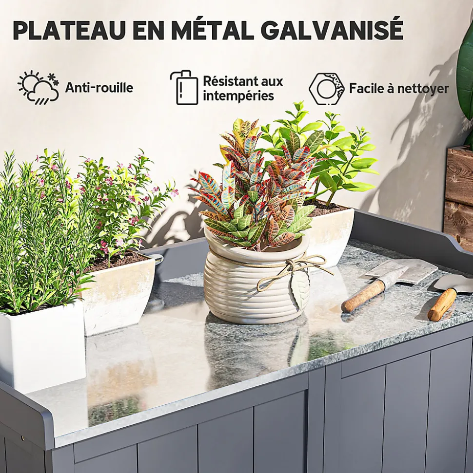 Armoire de rangement de jardin sur pied table de rempotage 2 en 1 double porte avec étagère bois sapin gris