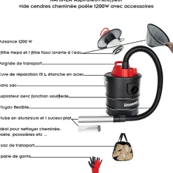 Aspirateur industriel souffleur vide cendres cheminée poêle 1200W + accessoires