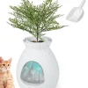 Bac à Litière pour Chat 63L, Contrôle Odeurs, avec Fausse Plante, Galets, Rideau de Porte, Pelle, pour Chat, 50x50x59cm (Blanc)