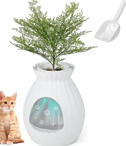 Bac à Litière pour Chat 63L, Contrôle Odeurs, avec Fausse Plante, Galets, Rideau de Porte, Pelle, pour Chat, 50x50x59cm (Blanc)