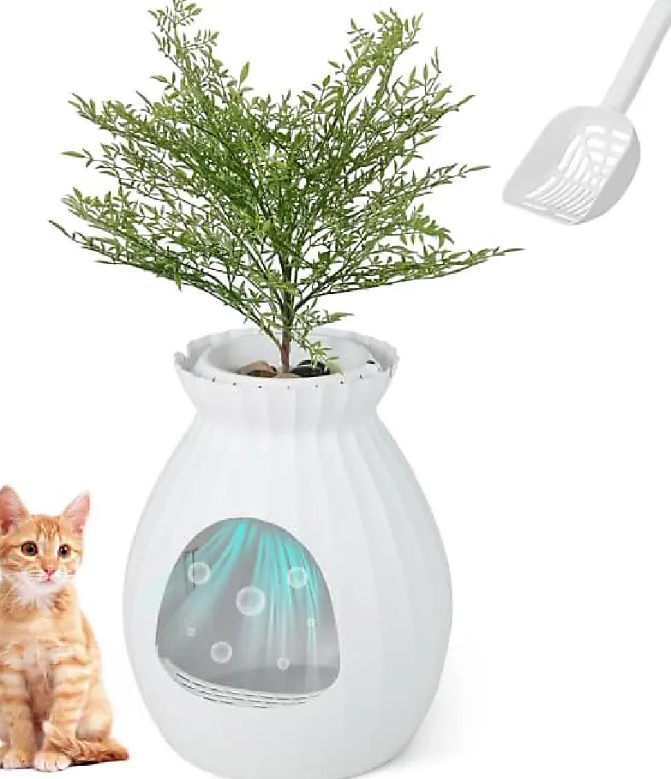 Bac à Litière pour Chat 63L, Contrôle Odeurs, avec Fausse Plante, Galets, Rideau de Porte, Pelle, pour Chat, 50x50x59cm (Blanc)