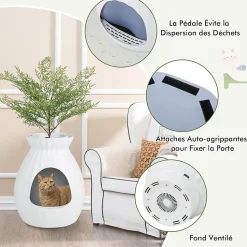Bac à Litière pour Chat 63L, Contrôle Odeurs, avec Fausse Plante, Galets, Rideau de Porte, Pelle, pour Chat, 50x50x59cm (Blanc)