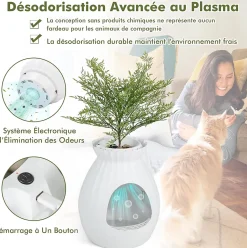 Bac à Litière pour Chat 63L, Contrôle Odeurs, avec Fausse Plante, Galets, Rideau de Porte, Pelle, pour Chat, 50x50x59cm (Blanc)