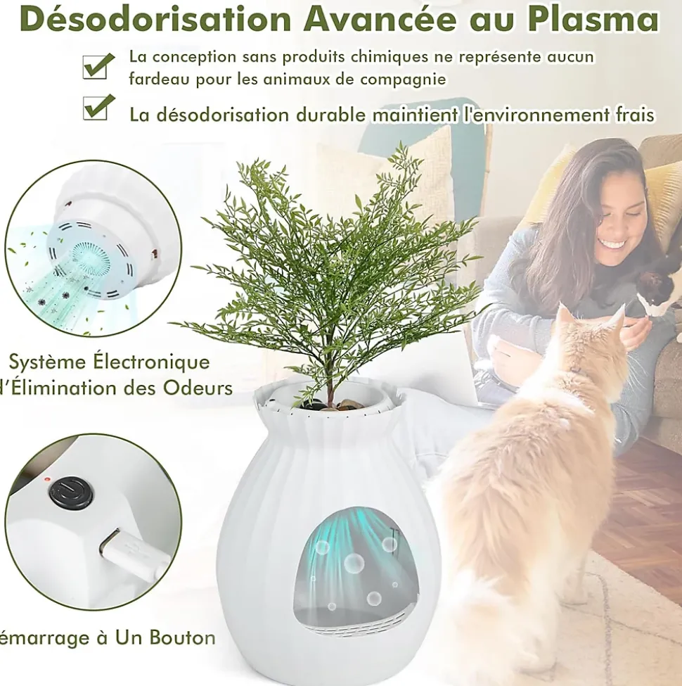 Bac à Litière pour Chat 63L, Contrôle Odeurs, avec Fausse Plante, Galets, Rideau de Porte, Pelle, pour Chat, 50x50x59cm (Blanc)