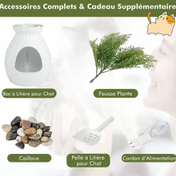 Bac à Litière pour Chat 63L, Contrôle Odeurs, avec Fausse Plante, Galets, Rideau de Porte, Pelle, pour Chat, 50x50x59cm (Blanc)
