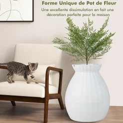Bac à Litière pour Chat 63L, Contrôle Odeurs, avec Fausse Plante, Galets, Rideau de Porte, Pelle, pour Chat, 50x50x59cm (Blanc)