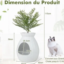 Bac à Litière pour Chat 63L, Contrôle Odeurs, avec Fausse Plante, Galets, Rideau de Porte, Pelle, pour Chat, 50x50x59cm (Blanc)
