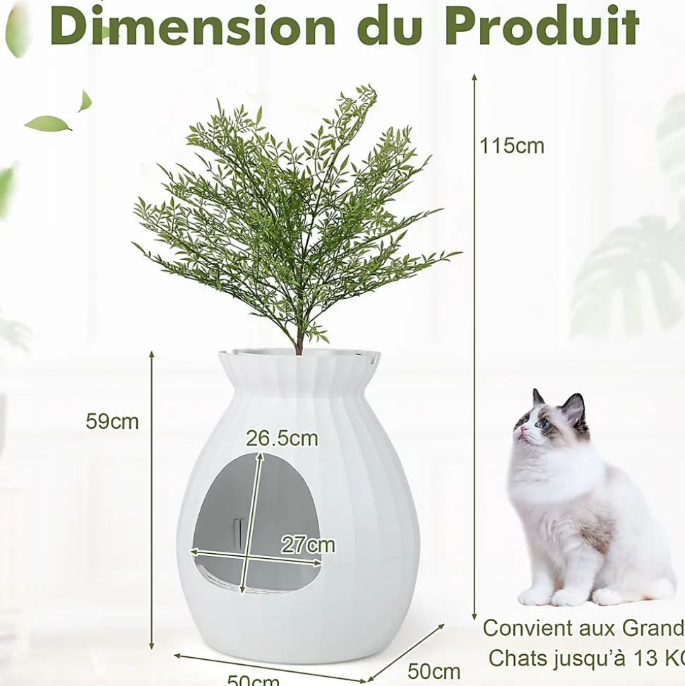 Bac à Litière pour Chat 63L, Contrôle Odeurs, avec Fausse Plante, Galets, Rideau de Porte, Pelle, pour Chat, 50x50x59cm (Blanc)