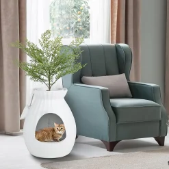 Bac à Litière pour Chat 63L, Contrôle Odeurs, avec Fausse Plante, Galets, Rideau de Porte, Pelle, pour Chat, 50x50x59cm (Blanc)