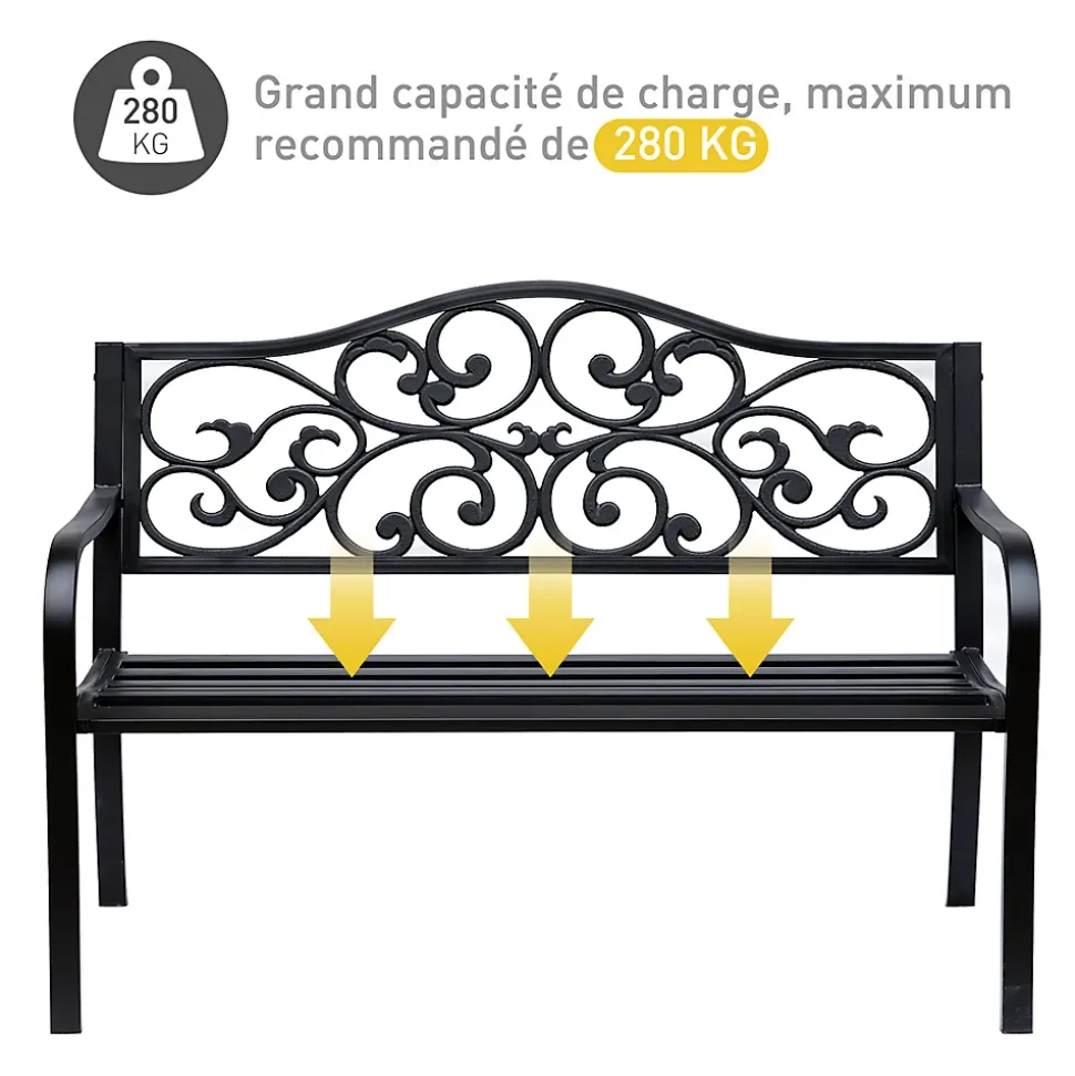 Banc 3 places de jardin terrasse style cosy chic 127L x 60l x 89H cm métal époxy anticorrosion noir