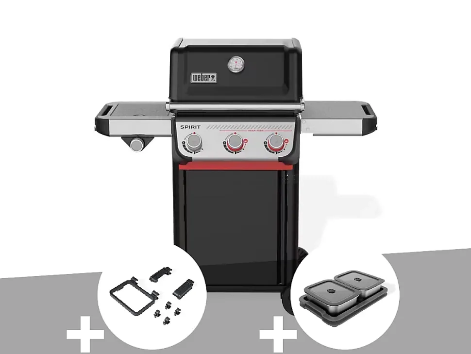 Barbecue à gaz Spirit E-335 + Set d'accessoires clipsables Weber Works + Kit de préparation et de service - Weber