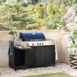 Barbecue gaz 4 brûleurs + 1 feu latéral MAXIM noir. Acier. thermomètre intégré. récupérateur de graisse. grille de chauffe. L