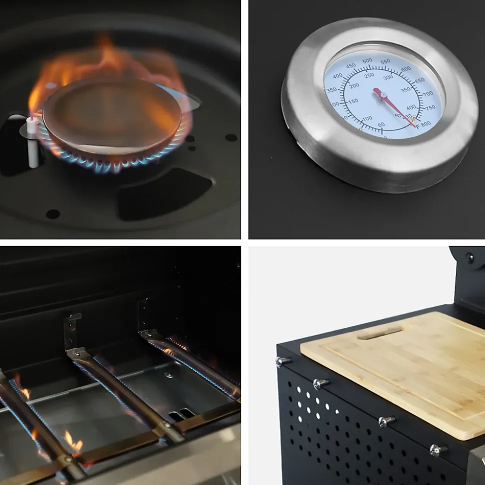 Barbecue gaz 4 brûleurs + 1 feu latéral MAXIM noir. Acier. thermomètre intégré. récupérateur de graisse. grille de chauffe. L