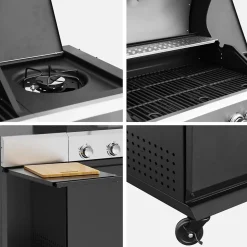 Barbecue gaz 4 brûleurs + 1 feu latéral MAXIM noir. Acier. thermomètre intégré. récupérateur de graisse. grille de chauffe. L