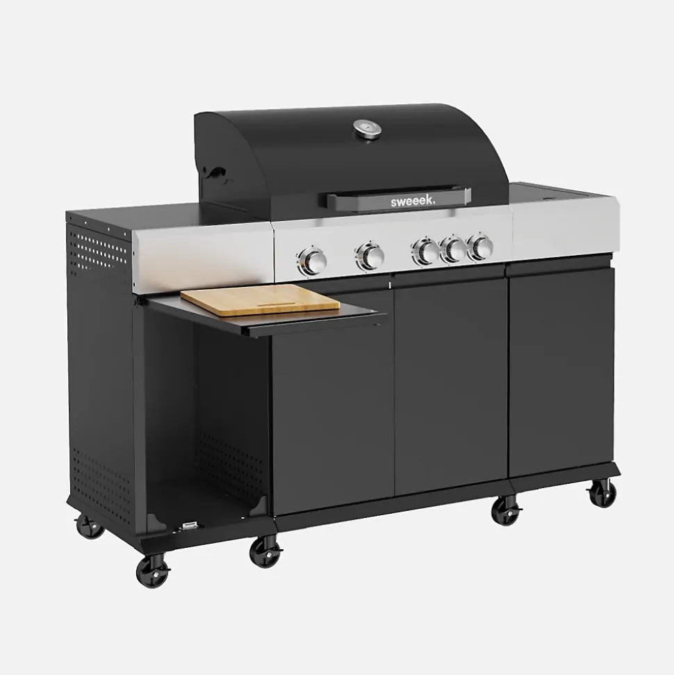 Barbecue gaz 4 brûleurs + 1 feu latéral MAXIM noir. Acier. thermomètre intégré. récupérateur de graisse. grille de chauffe. L