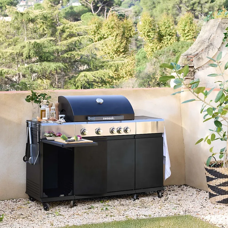 Barbecue gaz 4 brûleurs + 1 feu latéral MAXIM noir. Acier. thermomètre intégré. récupérateur de graisse. grille de chauffe. L