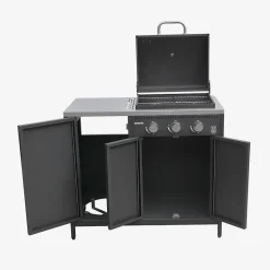 Barbecue gaz 3 brûleurs . noir. 3 portes et 2 espaces de rangement