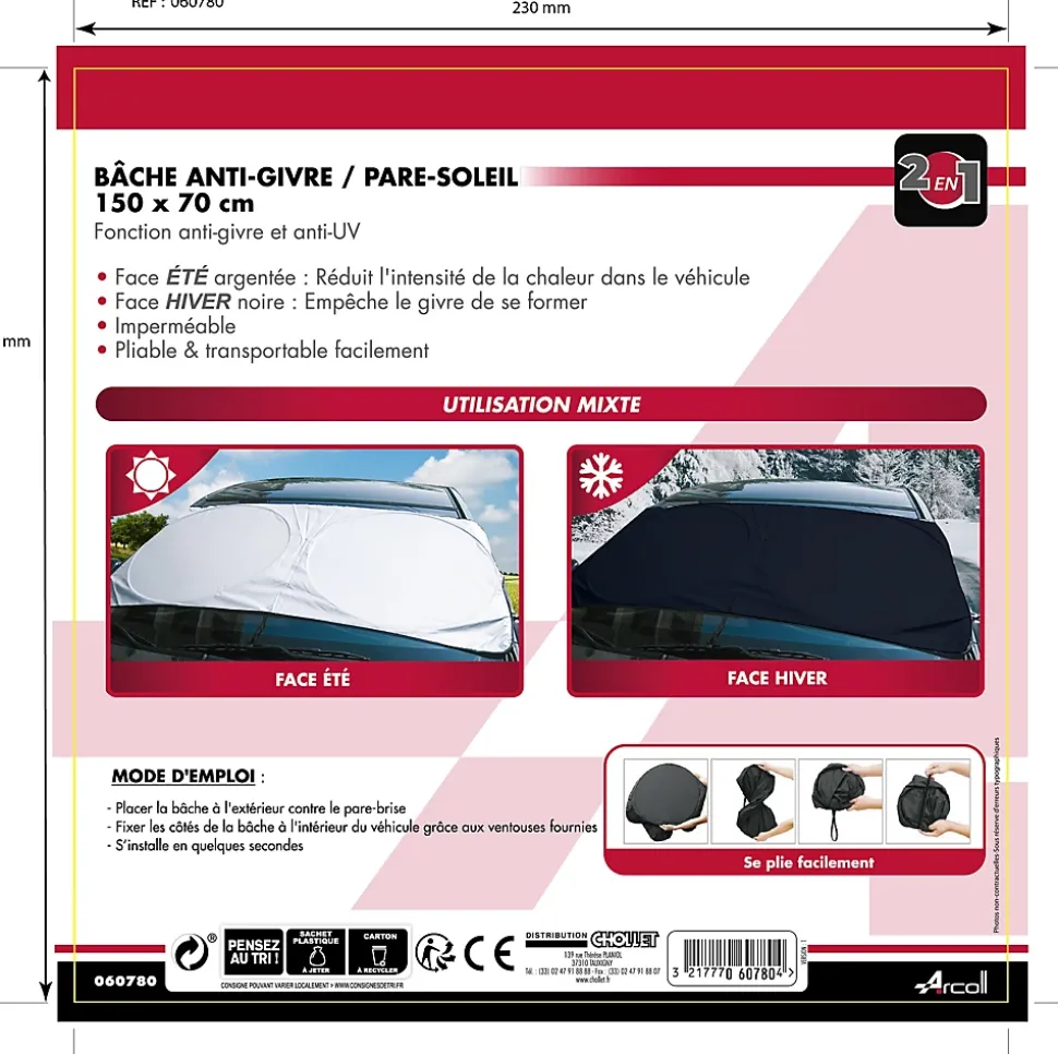 Bâche de protection pour voiture anti-givre et pare-soleil 150x70 cm