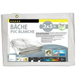 Bâche de protection PVC blanche 3x5m avec oeillets et cordelettes - pour couvrir mur, toiture, remorque...
