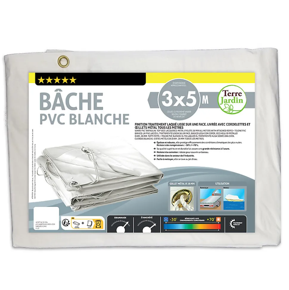 Bâche de protection PVC blanche 3x5m avec oeillets et cordelettes - pour couvrir mur, toiture, remorque...