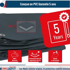 Bâche pour Carport 3x5 m Gris anthracite - Garantie 5 ans TECPLAST - LP506CP - Toile PVC étanche pour abri de voiture