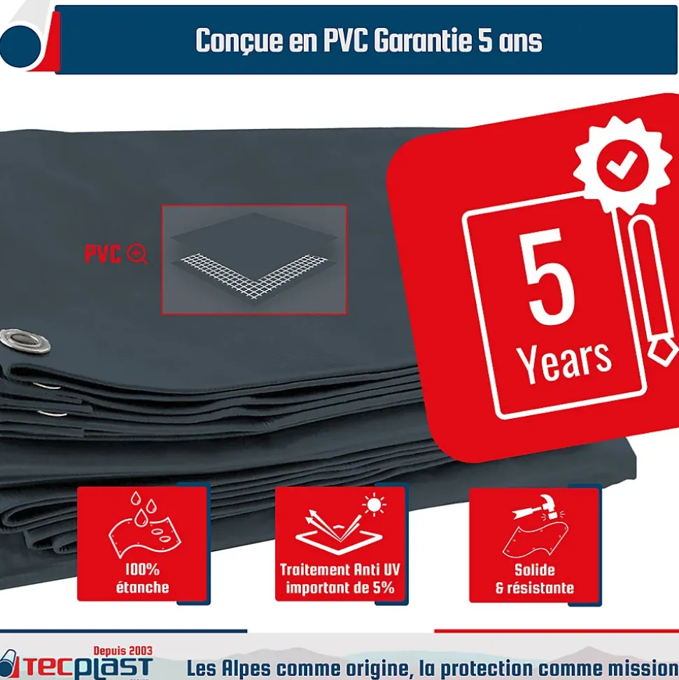 Bâche pour Carport 4x5 m Gris anthracite - Garantie 5 ans TECPLAST - LP506CP - Toile PVC étanche pour abri de voiture
