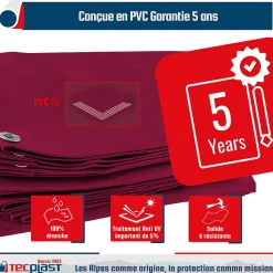 Bâche pour Carport 4x6 m Rouge Bordeaux - Garantie 5 ans TECPLAST - LP506CP - Toile PVC étanche pour abri de voiture