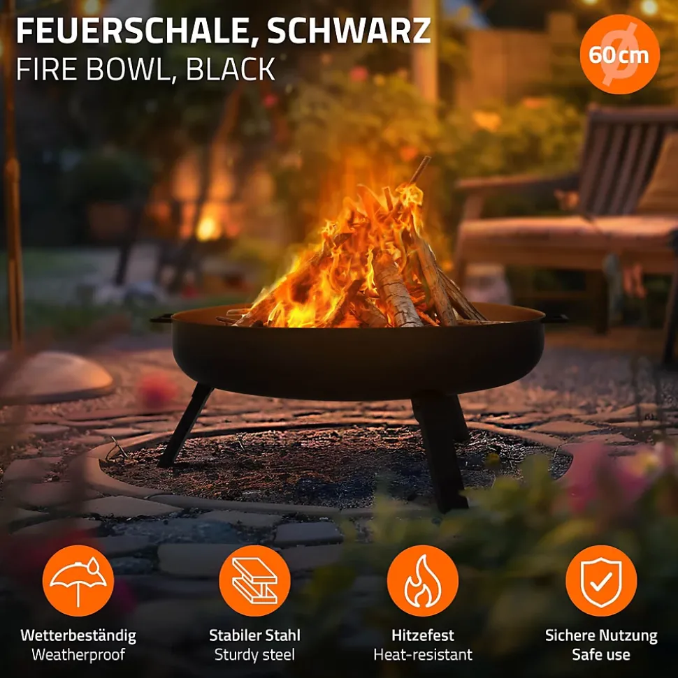Bol à feu basero acier noir avec 3 pieds pliables foyer grille barbecue 60x27cm