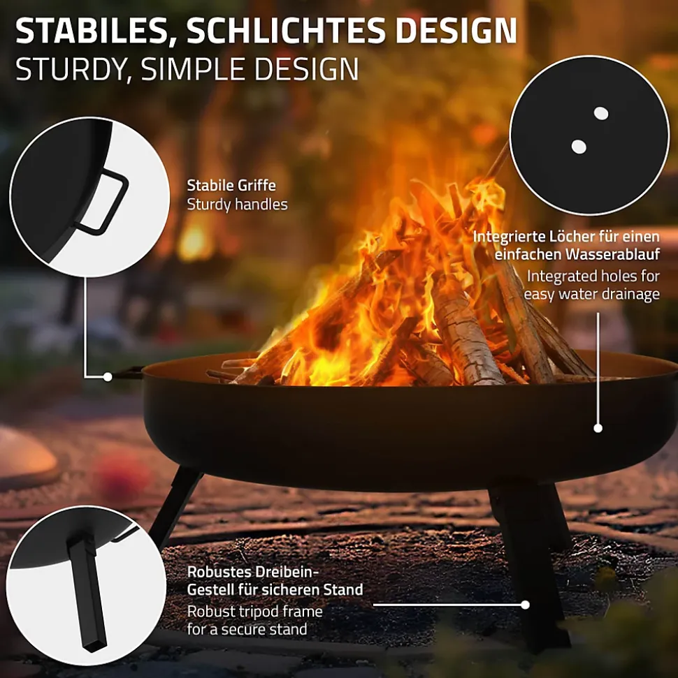Bol à feu basero acier noir avec 3 pieds pliables foyer grille barbecue 60x27cm