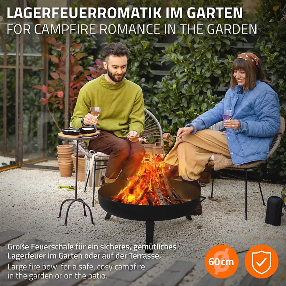 Bol à feu basero acier noir avec 3 pieds pliables foyer grille barbecue 60x27cm