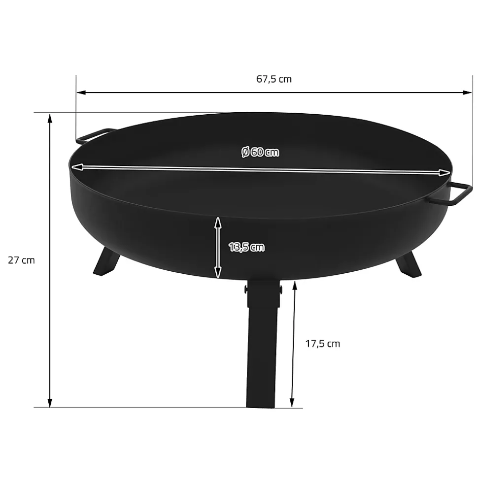 Bol à feu basero acier noir avec 3 pieds pliables foyer grille barbecue 60x27cm