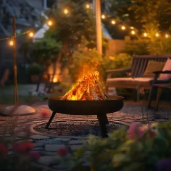 Bol à feu basero acier noir avec 3 pieds pliables foyer grille barbecue 60x27cm