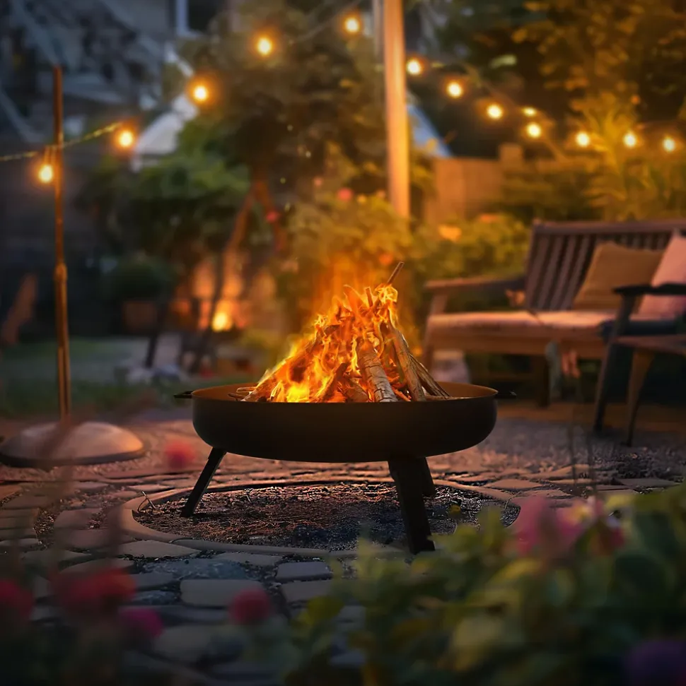 Bol à feu basero acier noir avec 3 pieds pliables foyer grille barbecue 60x27cm