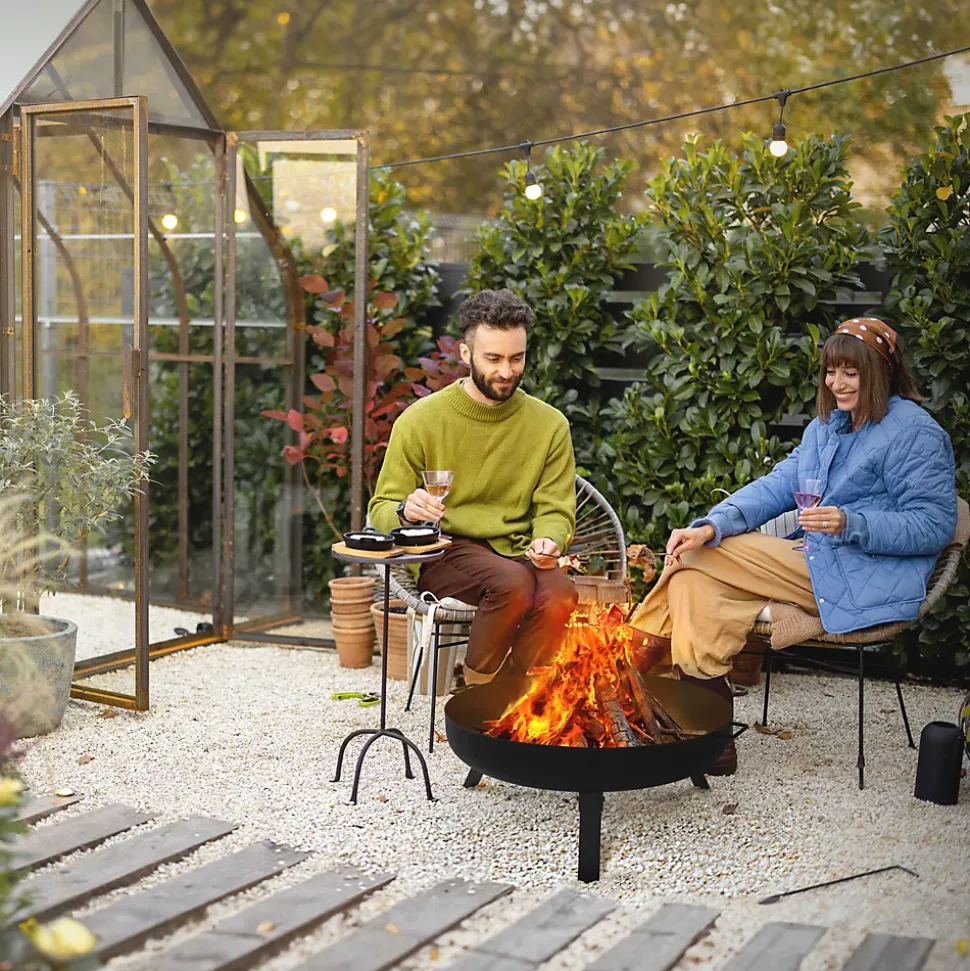 Bol à feu basero acier noir avec 3 pieds pliables foyer grille barbecue 60x27cm