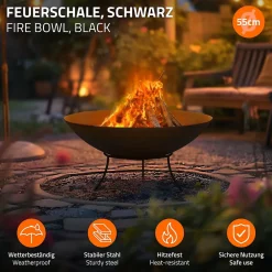 Bol à feu basero noir en acier avec 3 pieds foyer grille barbecue 55 x 24 cm