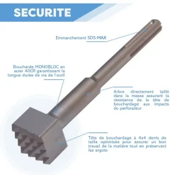 Boucharde 16 dents de 45 x 45 x L. 240 mm x Q. SDS-Max - Béton - Diamwood
