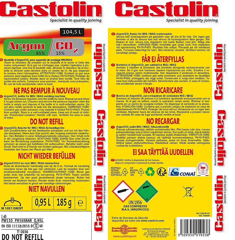 Bouteille d'argon/CO2 pour soudage Castolin 110L