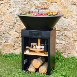 Brasero barbecue D.81.5cm avec grille de cuisson. espace de stockage pour le bois + Housse en polyester