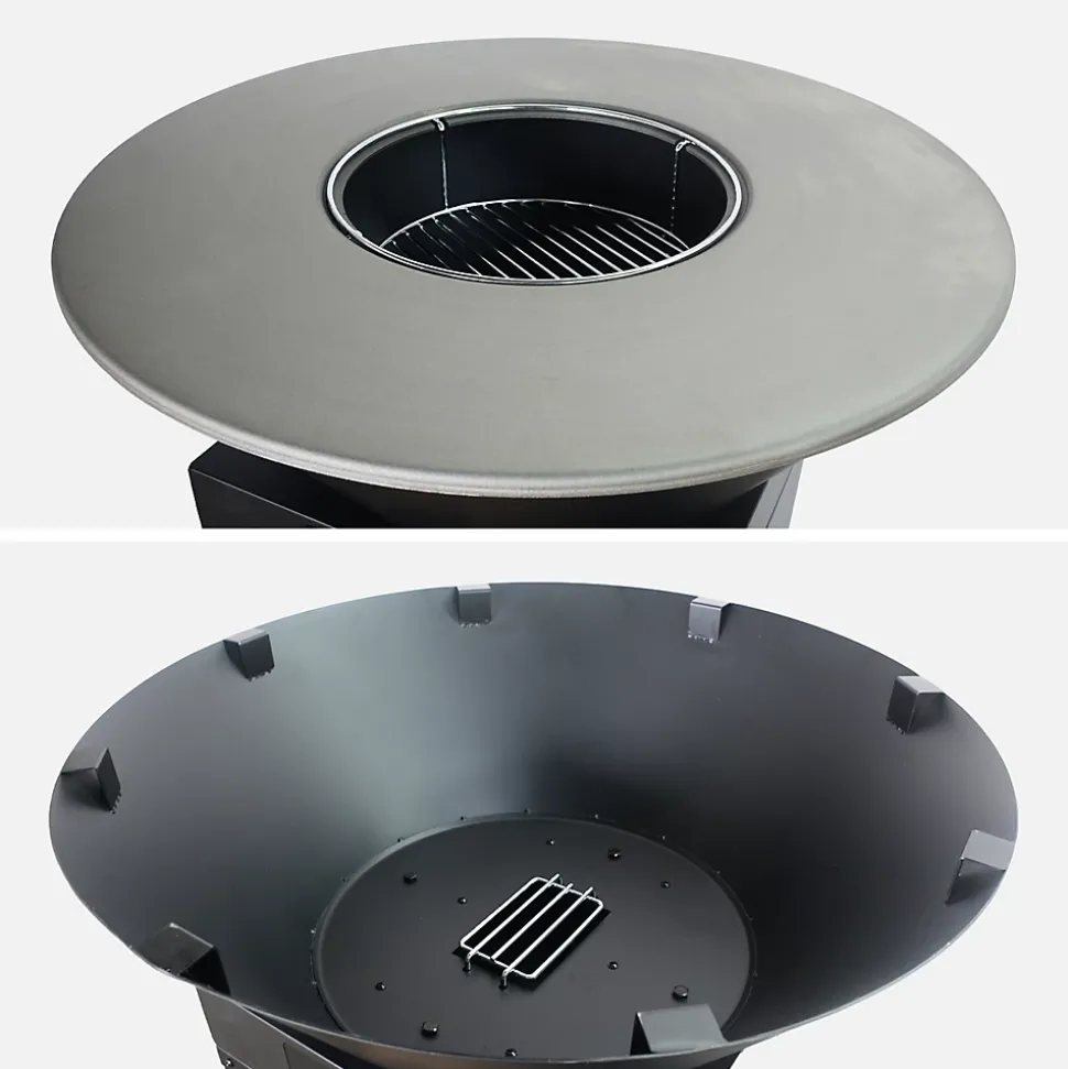 Brasero barbecue D.81.5cm avec grille de cuisson. espace de stockage pour le bois + Housse en polyester
