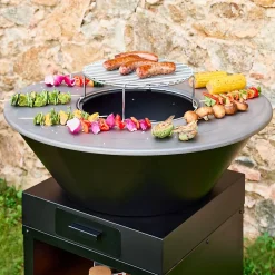 Brasero barbecue D.81.5cm avec grille de cuisson. espace de stockage pour le bois + Housse en polyester