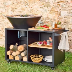 Brasero barbecue D.80cm. grille de cuisson. stockage bois. coloris noir + housse de protection. L 138 x P 82 x H 114 cm