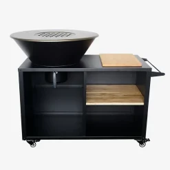 Brasero barbecue D.80cm. grille de cuisson. stockage bois. coloris noir + housse de protection. L 138 x P 82 x H 114 cm