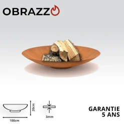 Brasero extérieur 100 cm - Acier Corten - Chauffage Exterieur - Feu de Bois - Effet Rouille - H : 20 cm - Resistant au gel